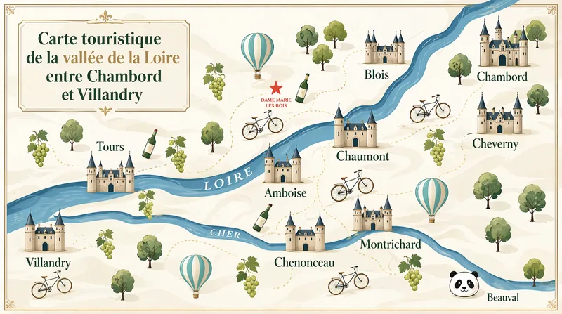 Carte touristique de la vallée de la Loire entre Chambord et Villandry